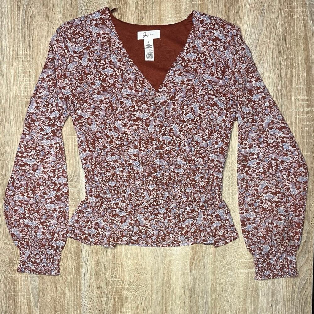 Japna Floral Smocked Blouse Long Sleeve Preppy
 Red and White